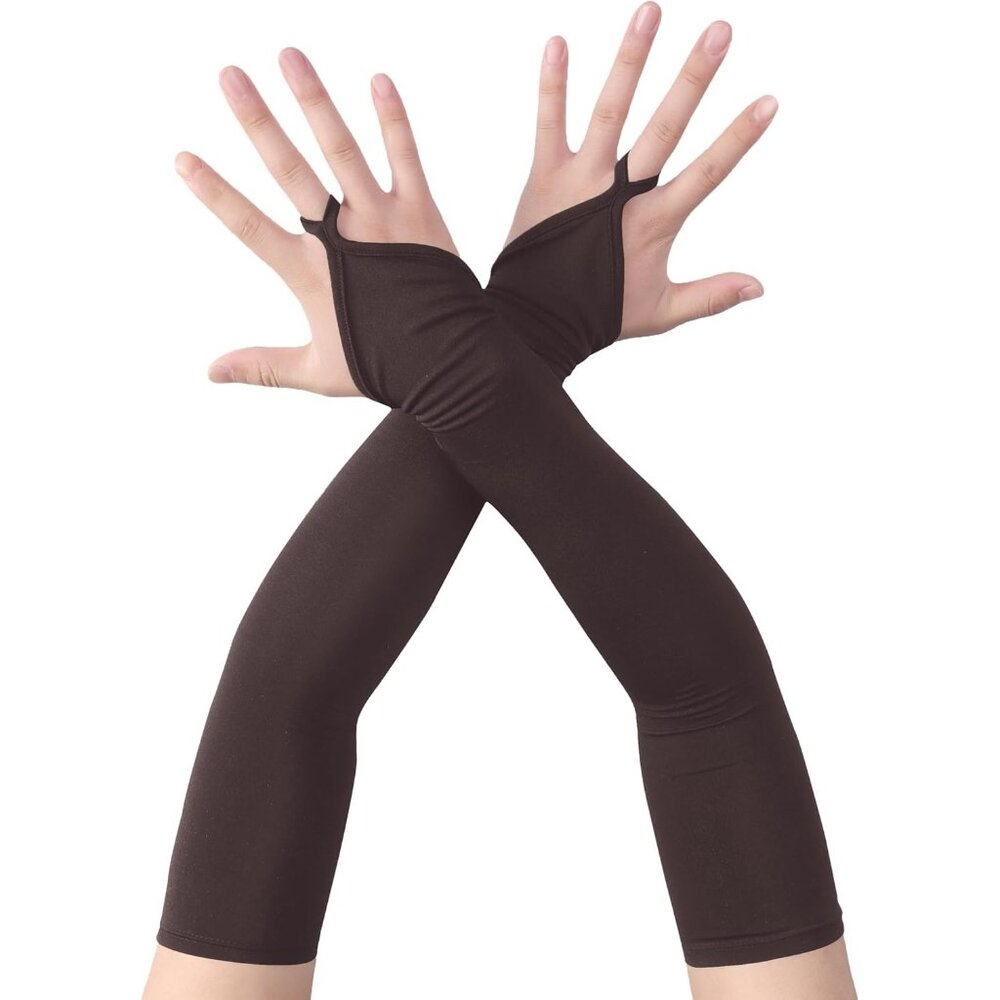 Women's Finger Loop Coffee Elegant Stretchy Spandex Elbow Length Satin Gloves